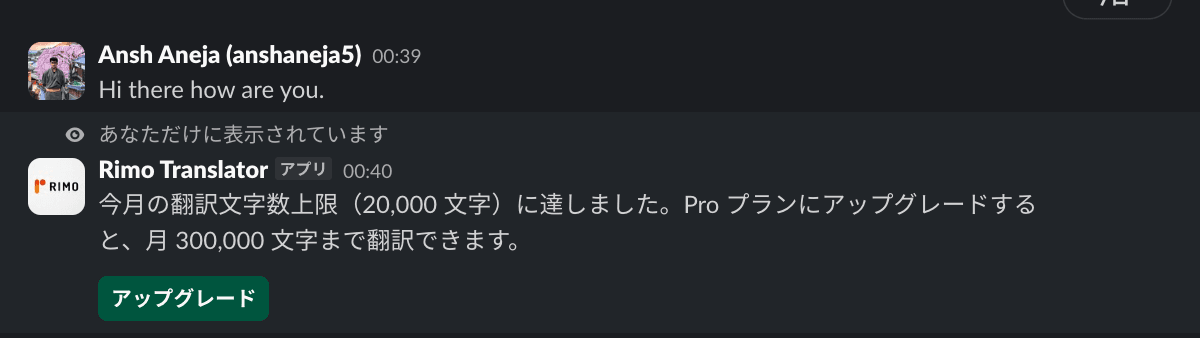 月間文字数制限に達した後、Rimo Translatorが翻訳を一時停止したことをSlackに投稿しているメッセージ