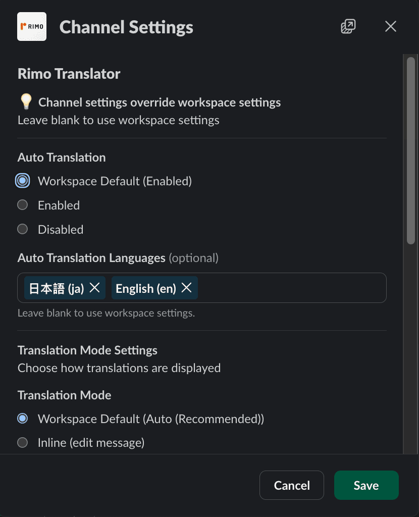 Rimo's channel settings panel in Slack with Auto Translate toggle ON and a language dropdown