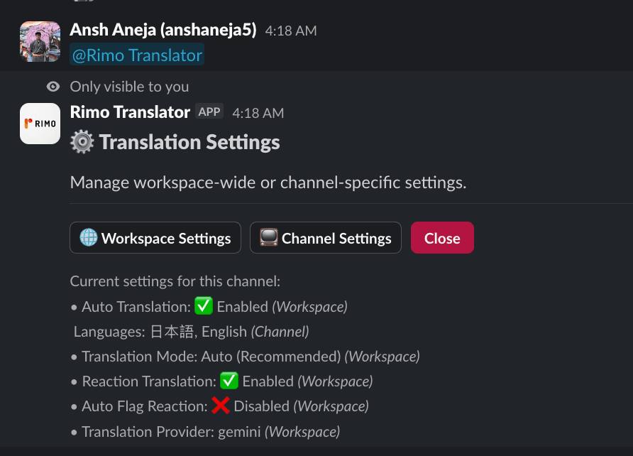 A Slack channel where a user has typed '@Rimo Translator' and Rimo has replied with an interactive settings panel