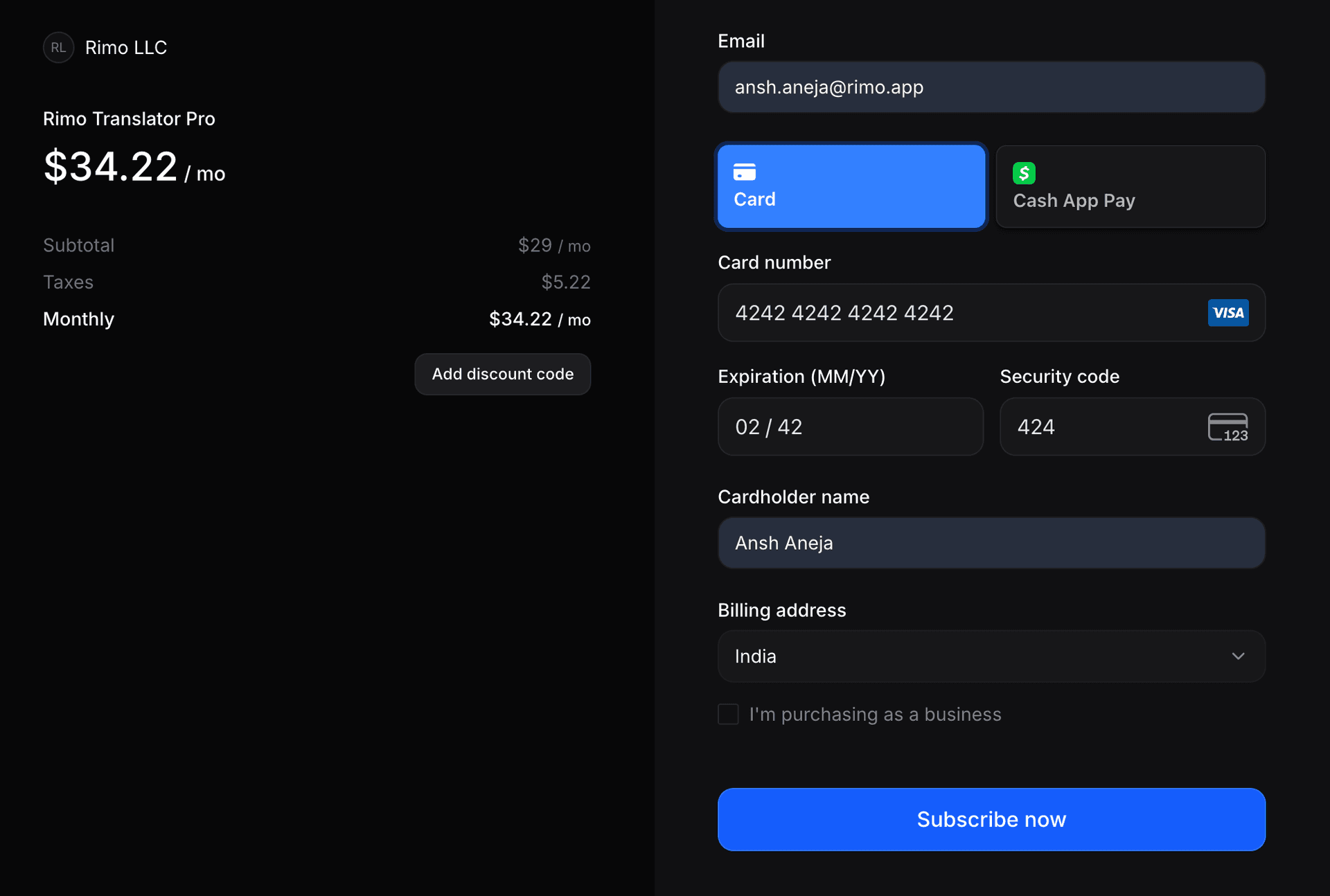 Polarの決済フォームにクレジットカード情報を入力する画面