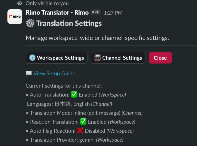 Rimo Translator settings panel showing Workspace Settings and Channel Settings options
