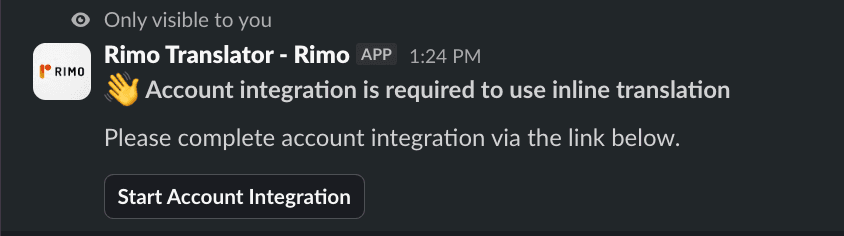 Rimo bot posting a prompt in Slack to start account integration