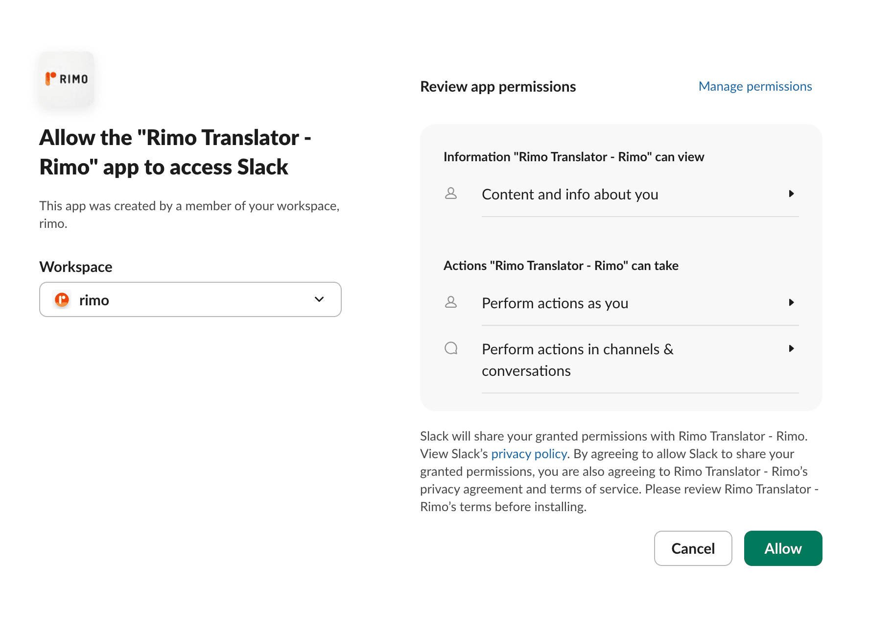 Slack authorization screen requesting permissions for Rimo Translator