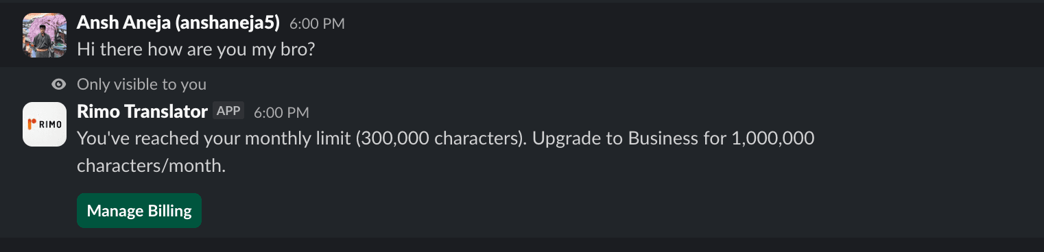 Rimo Translator posting a Slack message that translation has paused after reaching the 100% monthly character limit